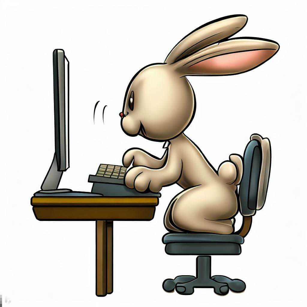 rabbit sat on a chair typing at a computer cartoon style